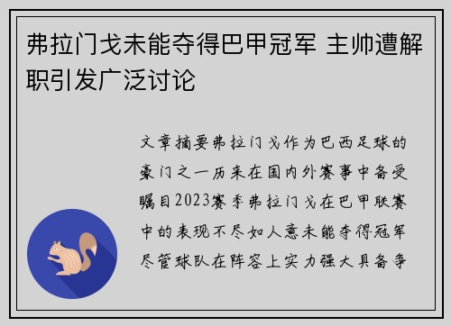 弗拉门戈未能夺得巴甲冠军 主帅遭解职引发广泛讨论